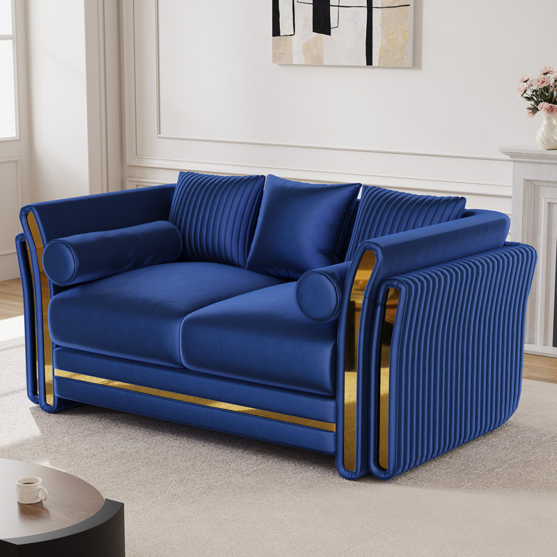 Causeuse moderne de 62 po avec accoudoirs à garniture dorée double couche, Bleu, H 33 po x l 62 po x P 35 po