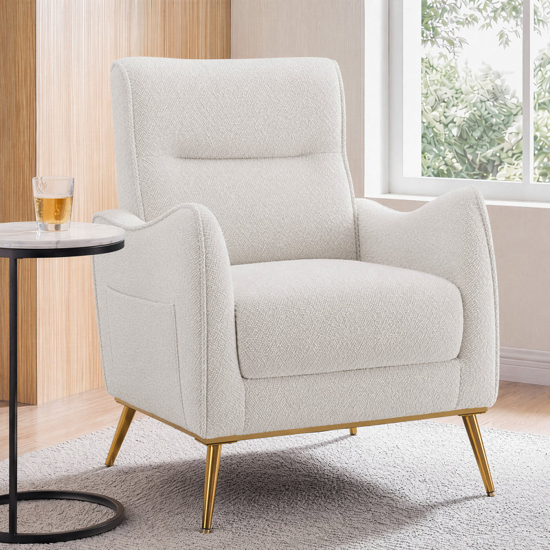 Fauteuil à oreilles haut dossier, siège extra profond, poche latérale, pieds en métal doré, Beige, 1