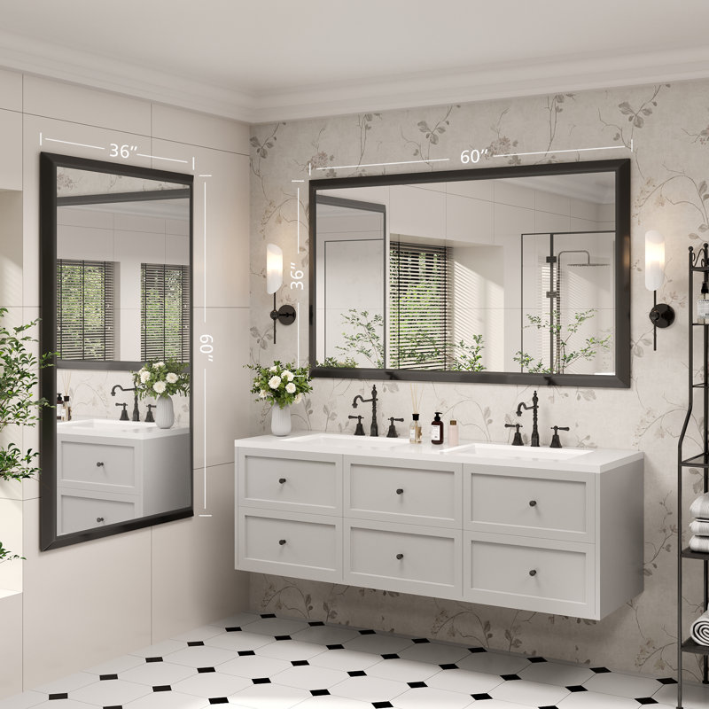 Molly Tempered Glass Metal Beveled Framed Wall Mounted Vanity Rectangular Mirror, 60" x 36", Black