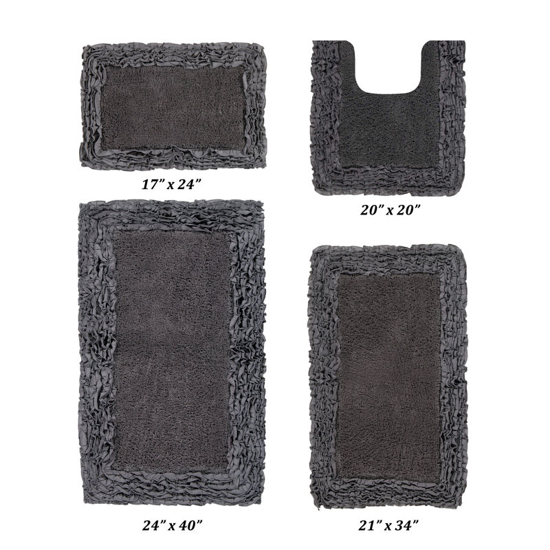 Ensemble de tapis de bain 4 pièces 100% coton 1775 g / m² Courson Premium, certifié OEKO-TEX®, envers en latex antidérapant, motif de volants touffetés moelleux, super absorbant, tapis de salle de bain lavables à la machine, gris