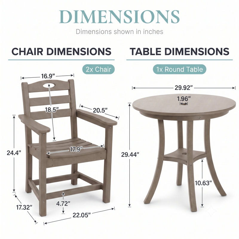 Ensemble de bar de patio, table ronde 3 pièces en PEHD avec trou pour parasol, brun antique, Brun