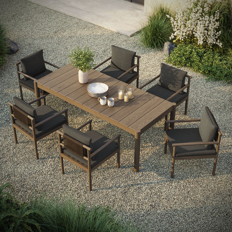 Ensemble repas d'extérieur en bois de teck 7 pièces Leopold, Gris foncé, Noyer