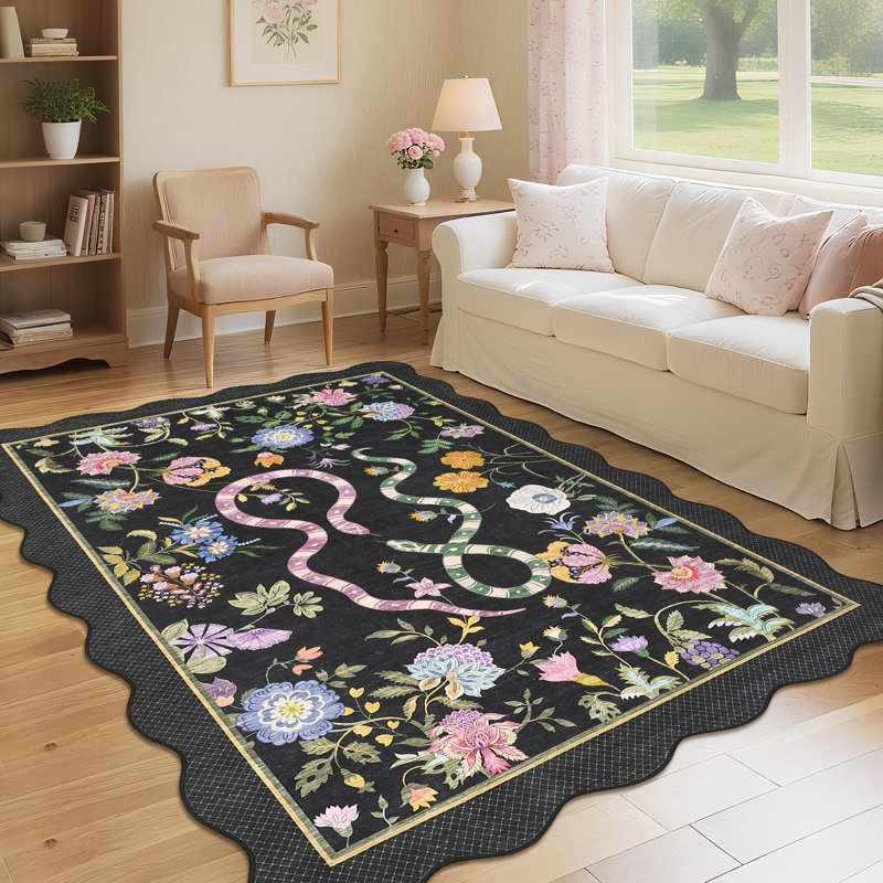 Tapis festonné moderne antidérapant Farmhouse Floral, Rectangle 8' x 10'