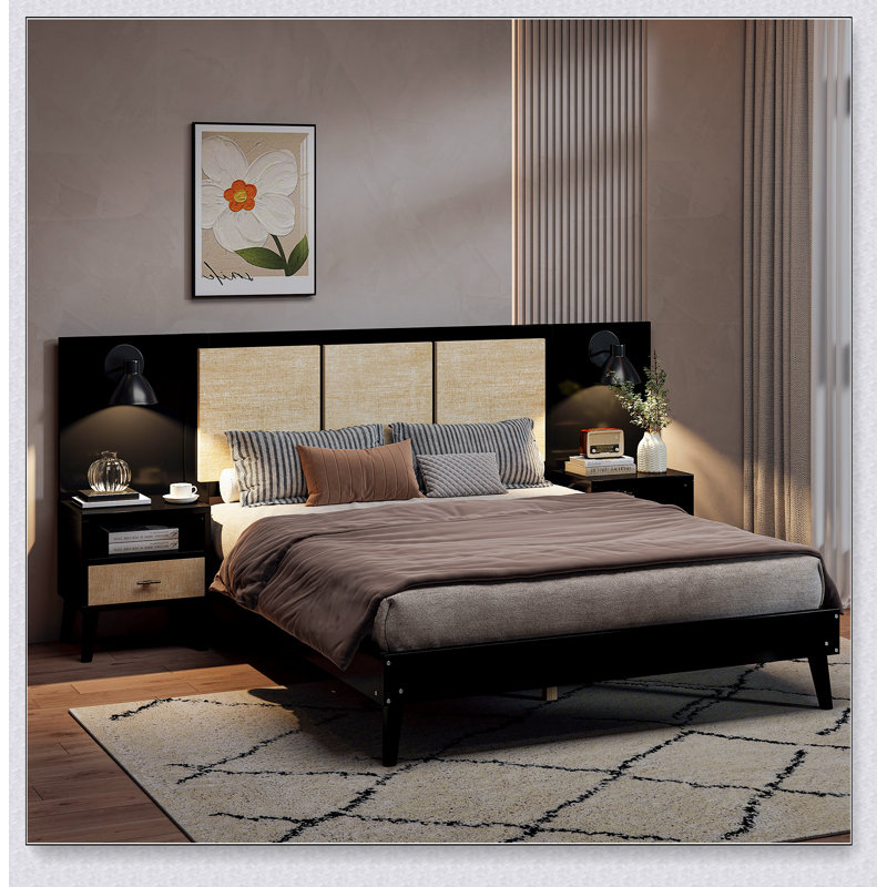 Structure de lit en rotin et bois avec lampes, Noir