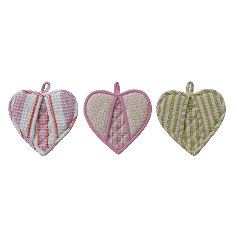Cotton Quilted Heart Shaped Pot Holder With Stripes