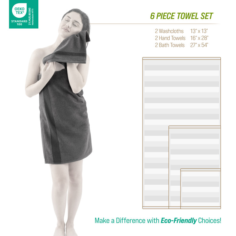 Ensemble de serviettes de bain luxueuses 100% coton 6 pièces, Gris