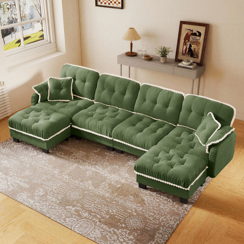 Canapé modulaire en L avec repose-pieds et repose-pieds Chenille, Green Chenille, 35" H x 100" W x 32" D