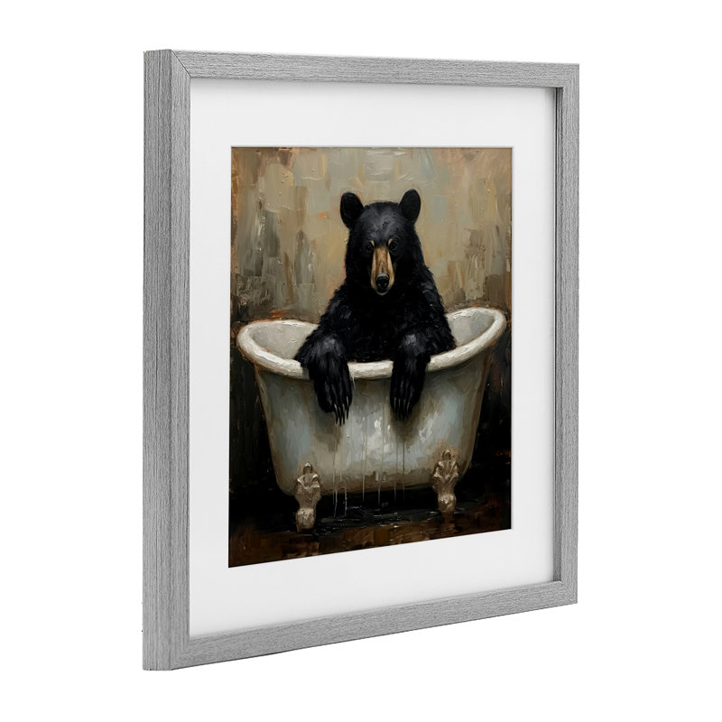 «Black Bear Bath Time», reproduction sous verre encadrée, design par Tina LeCour, Cadre de ferme gris, H 13 po x l 13 po