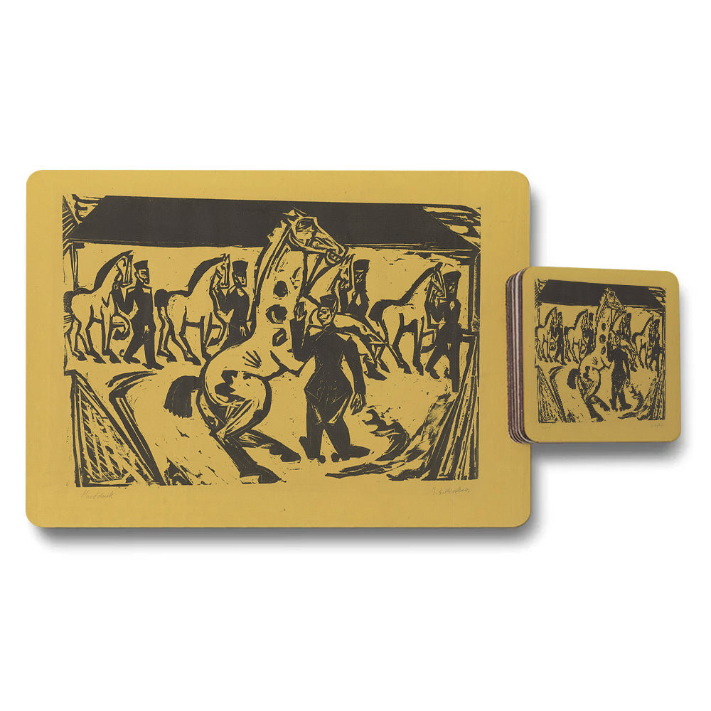 Vintage Woodblock Horse Scene Placemat Coaster Set Yellow
