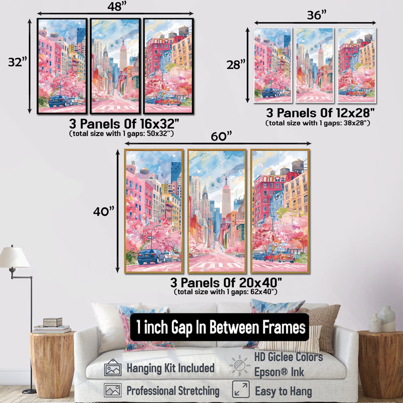 Ensemble de salon rose et bleu, édifices de New York en été - art mural New York, Toile avec cadre flottant brun