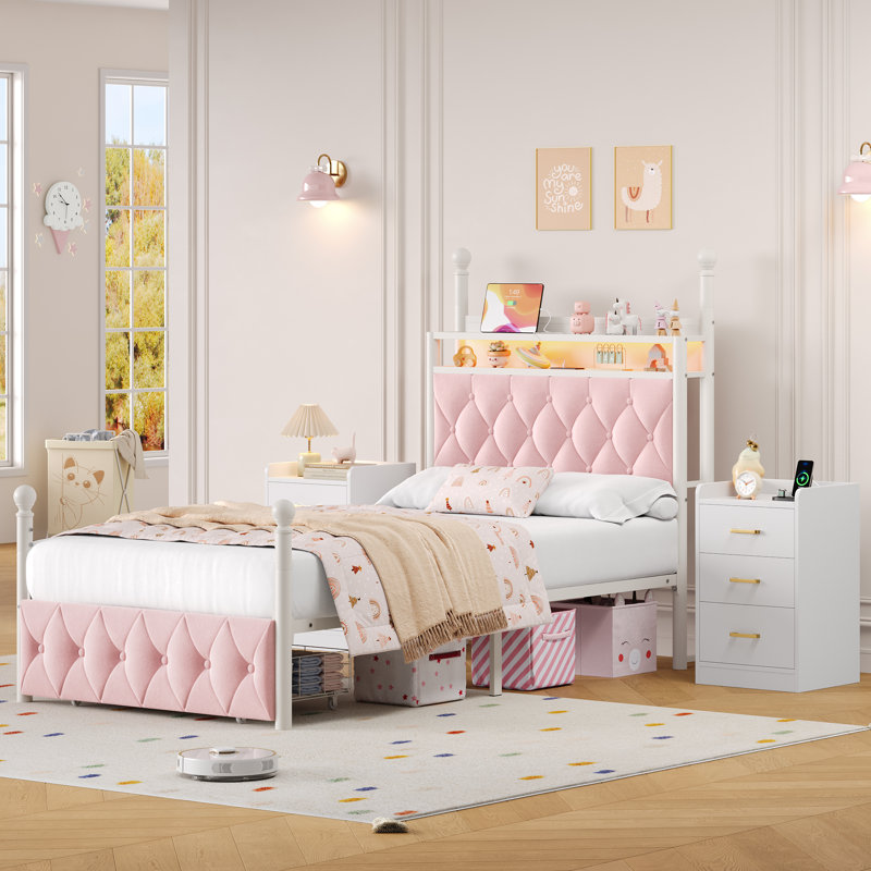 Ensemble de chambre à coucher pour enfants: cadre de lit à baldaquin à DEL avec ports de charge + 2 tables de chevet avec prises et tiroirs (Whisper-Soft Pink, tailles T)