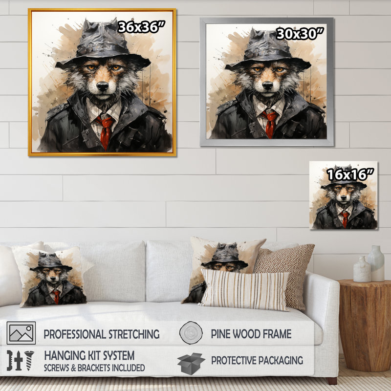 «Trenchcoat» noir loup mystère IV - loup, art mural, H 30 po x l 30 po x P 1,5 po, Cadre flottant doré
