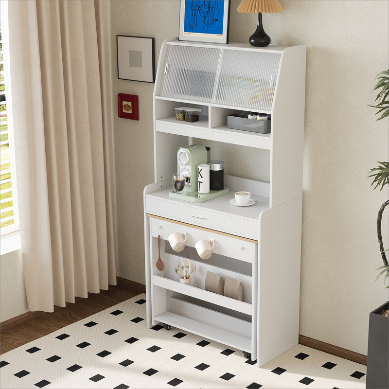 Compact 33.5x15.7x69inch Buffet with Hutch and Foldable Dining Table, Multifunctional Cupboard with Storage Shelf and Side Hooks for Small Places,Studio, Apartment