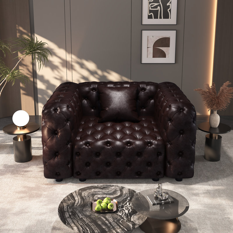 Canapé 48,5 po moderne en similicuir rembourré capitonné, Dark Brown