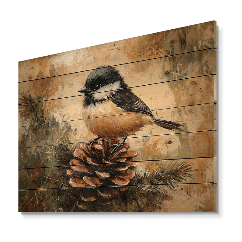 Mésange sur une pomme de pin II - décoration murale oiseau en bois - bois de pin naturel, H 30 po x l 40 po