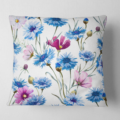 Bleu et rose, bleuet sauvage - Coussin décoratif à imprimé traditionnel