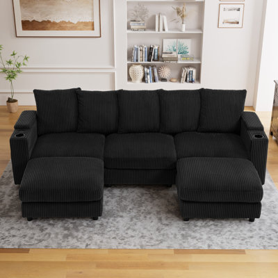 Oversized Corduroy Modular Sectional Sofa with Deep Seats Dual Ottomans Storage Arms and Charging Ports