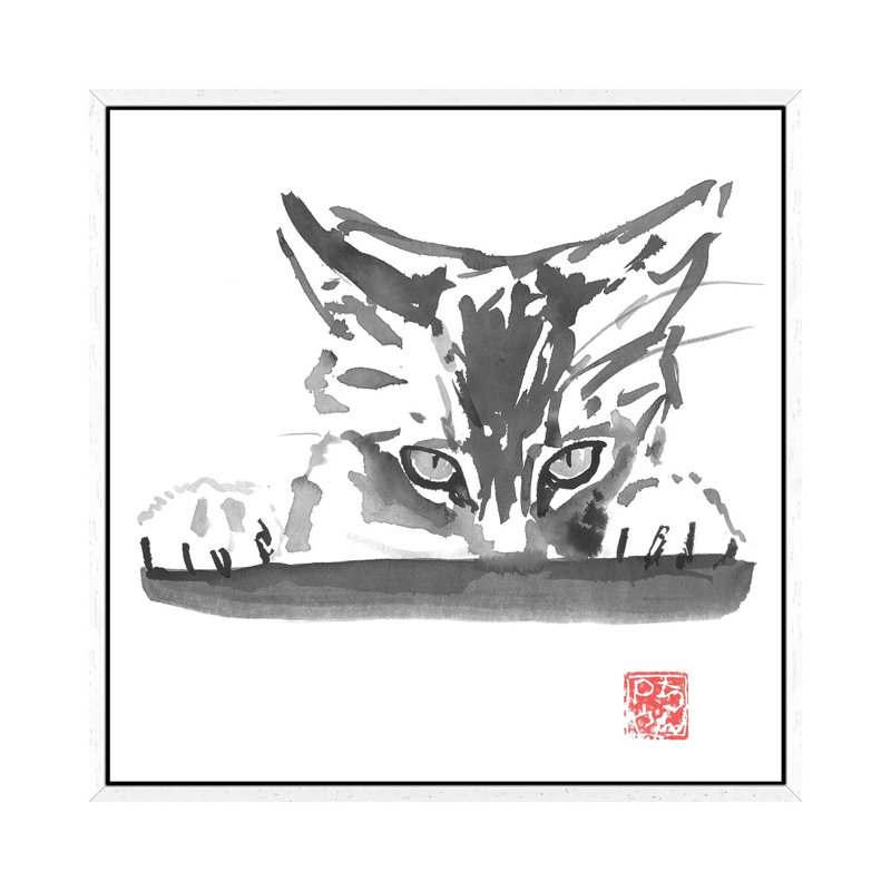 Smelling Cat by Péchane - Painting on Canvas, 45.72 cm H x 45.72 cm W, White Framed
