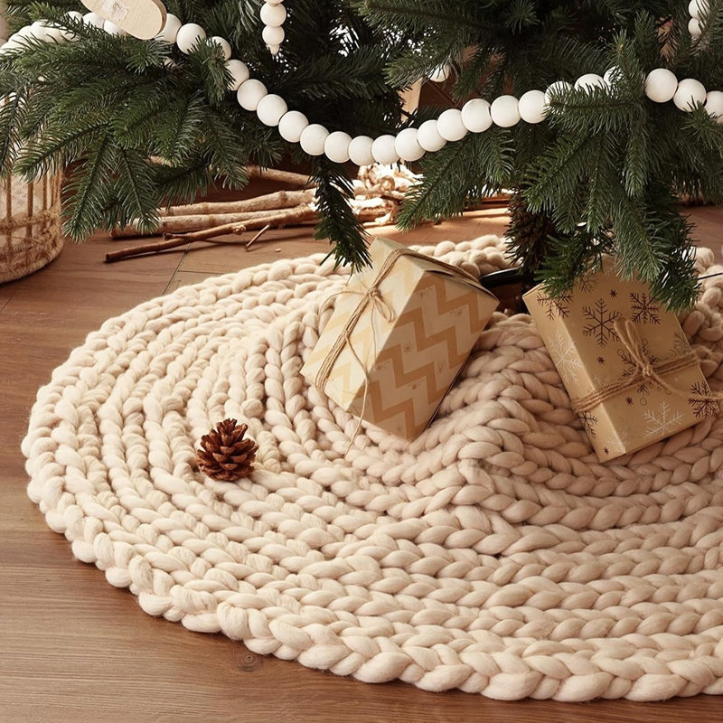 Jupe de sapin de Noël en grosse maille, décoration rustique beige au crochet pour sapin de Noël