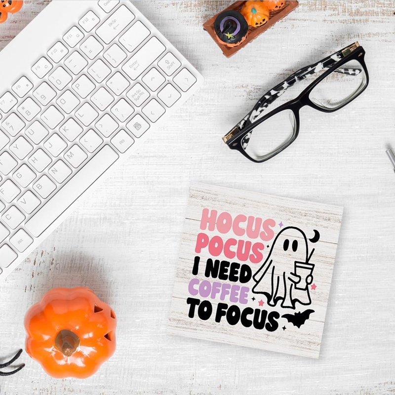 Panneau en bois Hocus Pocus Coffee – Décoration de table amusante pour l'Halloween, idéale pour un bar à café, un bureau ou la maison.