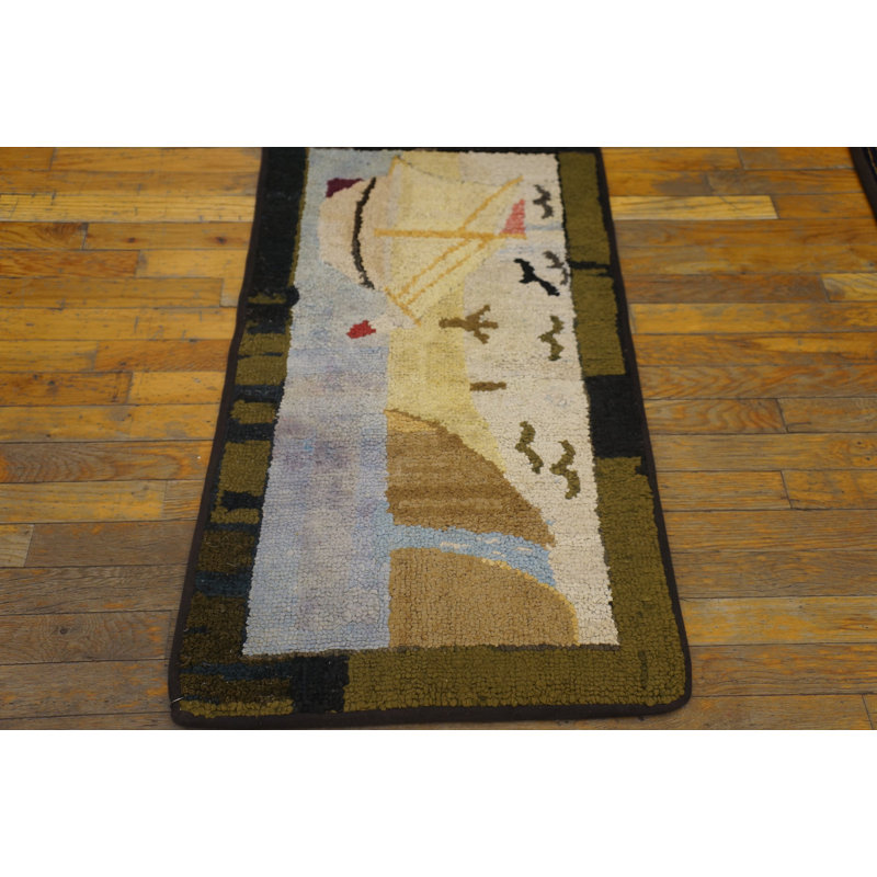 1920s Small Scatter Size American Ivory Hooked Antique Wool Rug