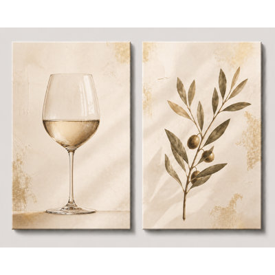 Très grand ensemble de 2 verres à vin minimalistes, branche d'olivier, art mural, cuisine neutre, salle à manger, impression sur toile 24 x 36 pouces - prêt à être accroché