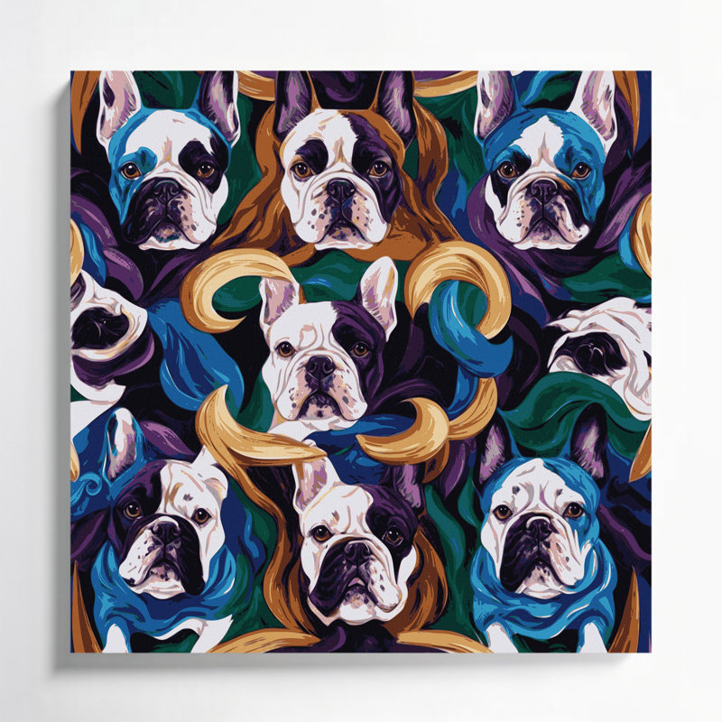 Chiens, bouledogue français, toile mauve, H 32 po x l 32 po