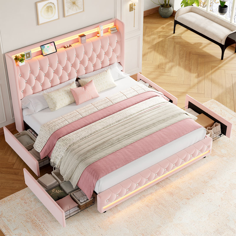 Lit escamotable avec rangement à oreilles et velours Glastonbury, Blanc cassé, Très grand lit