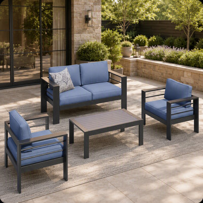 Ensemble de meubles de patio en métal 4 pièces toutes saisons, canapé de conversation 4 places avec coussins gris clair épais et structure noire et table basse