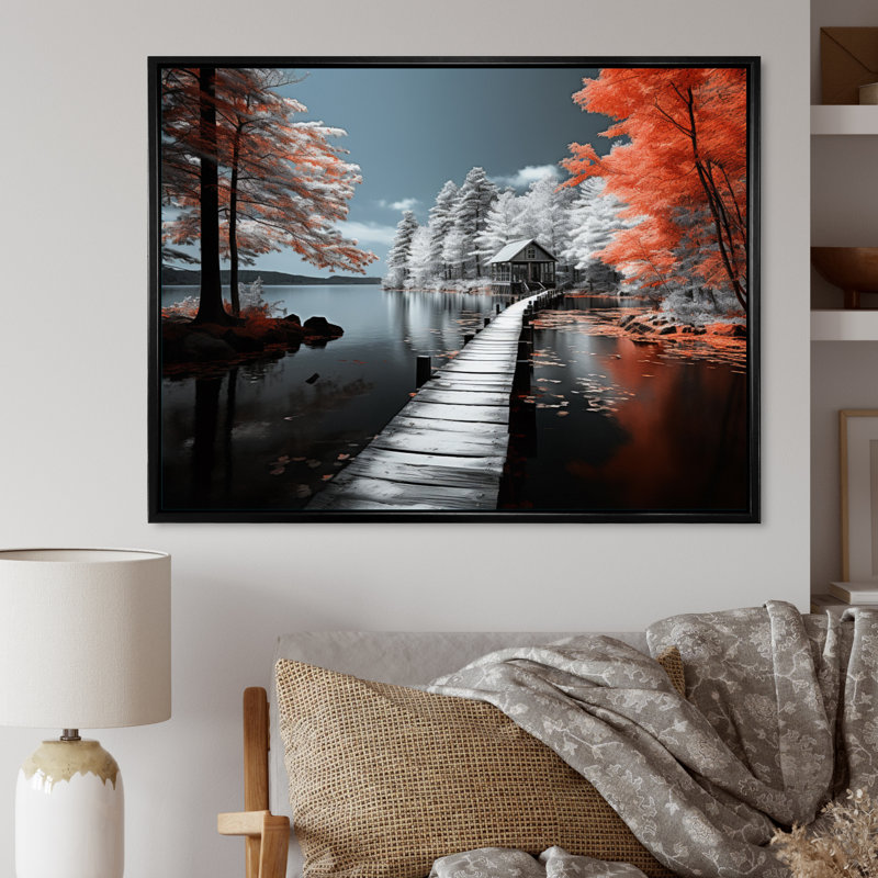 Red Lake Red Lakeside Whispers II - Lake House Cottage Canvas Prints, H 12 po x l 20 po x P 1 po, Cadre flottant noir