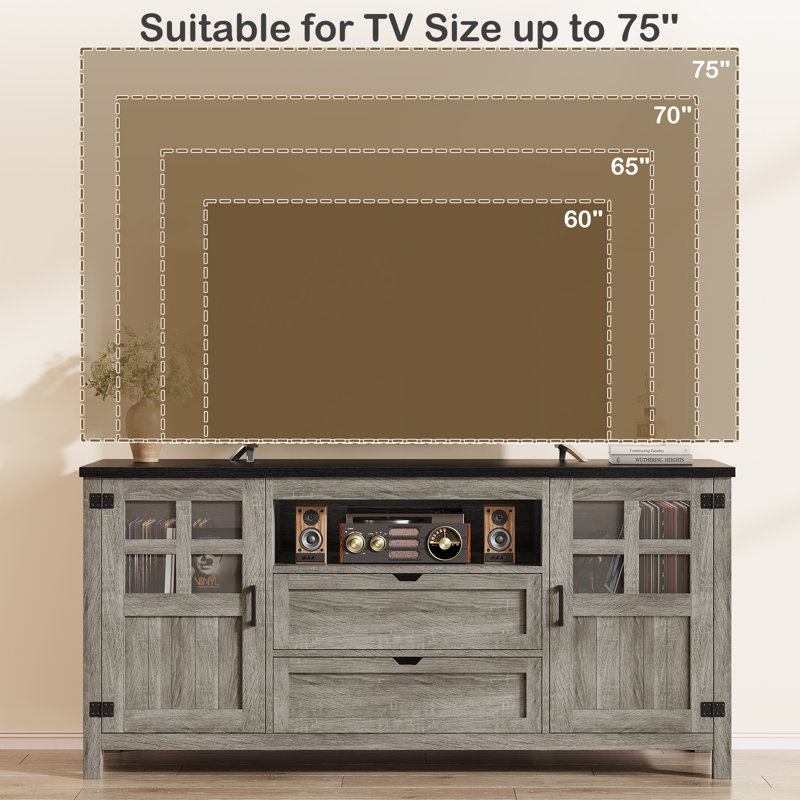 Farmhouse Tv Stand With Barn Doors And Drawers For Tvs 65 70 75" – Grey, Gray