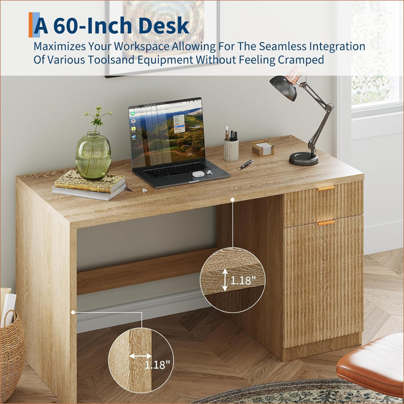 55" Executive Desk with Storage, Modern Home Office Desk with Drawer & Cabinet, Wood Fluted Computer Desks Workstation Writing Conference Table for Study, Living Room, Bedroom