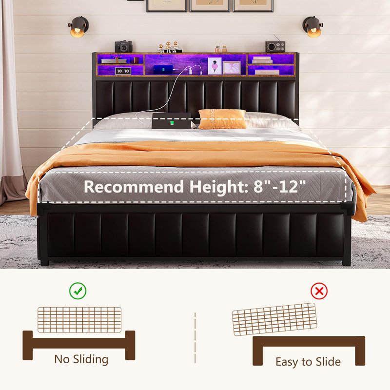 Full Size Black Upholstered Platform Bed with Storage and LED Lights