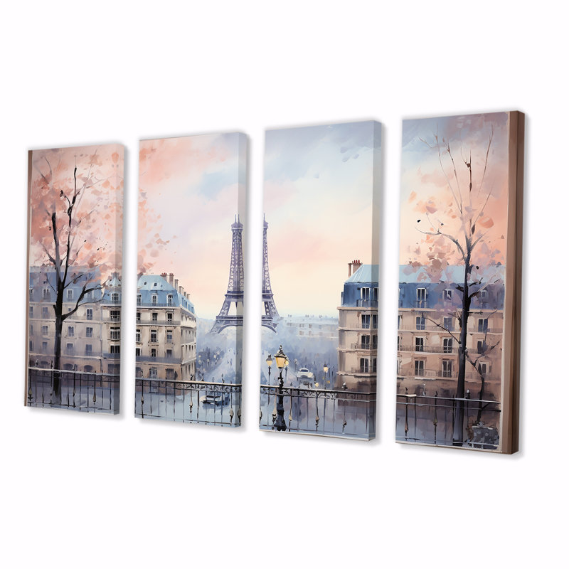 «Vintage Calm Paris City View - Paris», art mural sur toile 4 pièces, H 28 po x l 48 po