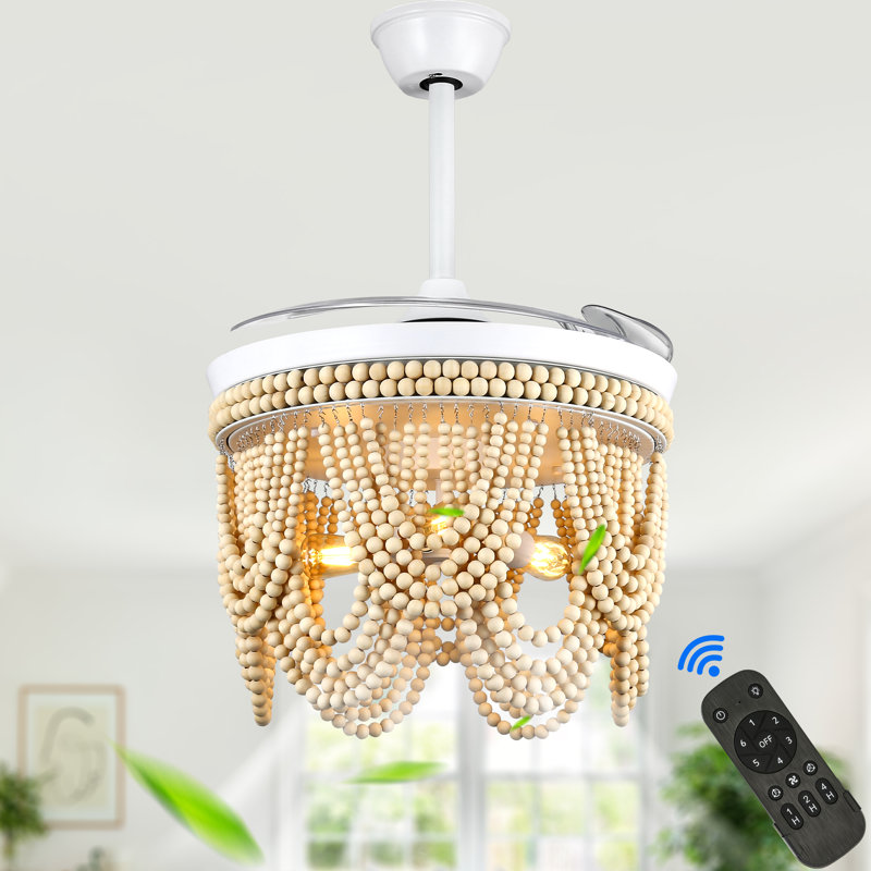  42" BoHo White Retractable Ceiling Fan with Light Kit and Remote Wooden Beads Shade 6-speed DC Motor, White