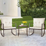2 - Person Outdoor Dining Set, 3-Piece Outdoor Rattan Rocking Bistro Set with Cushions and Glass Coffee Table