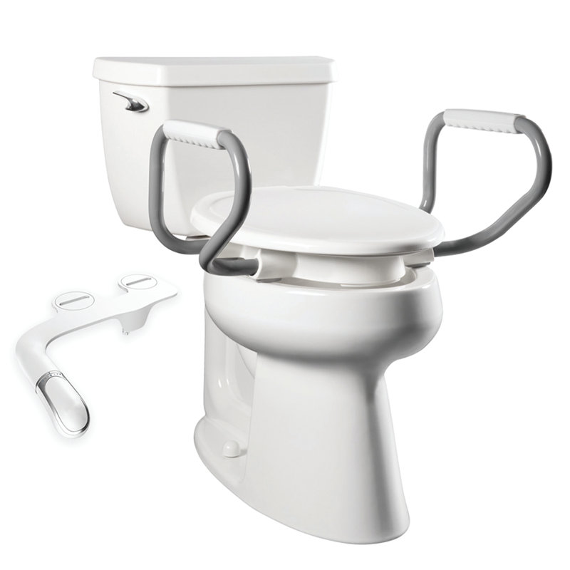 White Raised Toilet Seat with Handles and Bidet Attachment