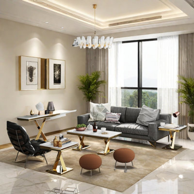 3Piece Gold Coffee Table Set Includes 1 Coffee Table  1 Console Table  1 Side Table For Home Apartment Office