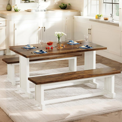 47" Farmhouse 3-Piece Dining Table Set for 2-4 – Space-Saving Kitchen Table with 2 Benches – Rustic Wood & Metal Furniture for Small Apartments, Narrow Spaces, Breakfast Nook – White & Brown