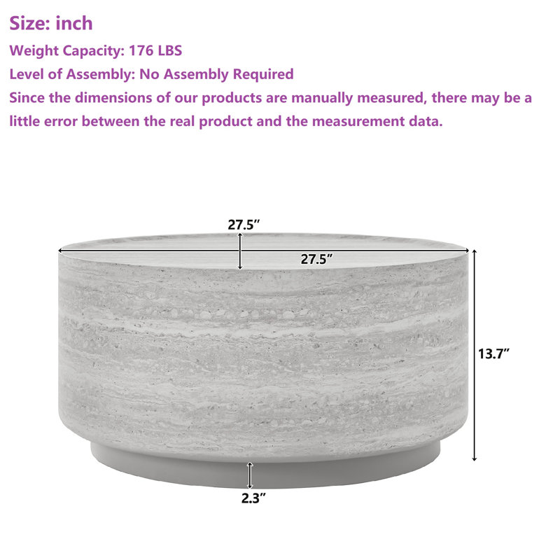 Table basse ronde élégante, H 13,7 po x L 27,5 po x l 27,5 po