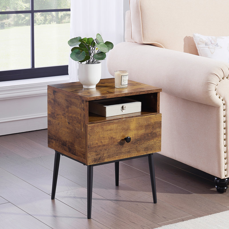 Ensemble de 2 tables de chevet brun antique avec tiroir et tablette ouverte, petites tables de chevet / tables d'appoint étroites pour chambre à coucher, salon, dortoir, appartement, entrée, bureau, tables de bout modernes avec rangement pour petits espaces
