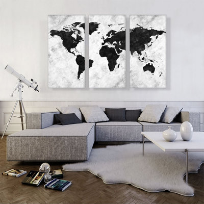«Black White World Map», ensemble de 3 impressions sur toile tendue