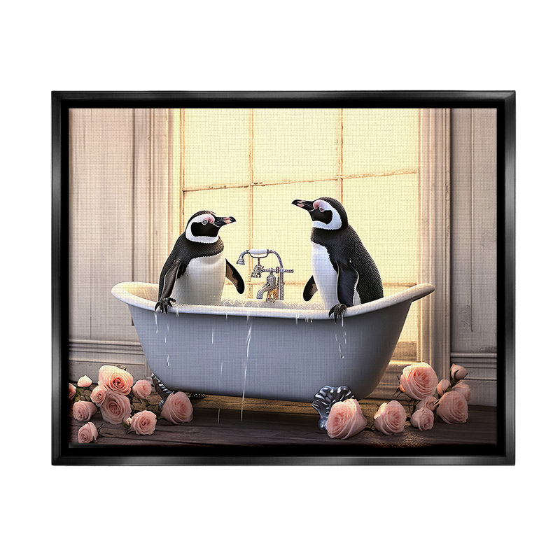 «Penguins Bathing In Tub Floater Frame» par Lazar Studio sur toile, Cadre flottant noir de jais, H 17 po x l 21 po