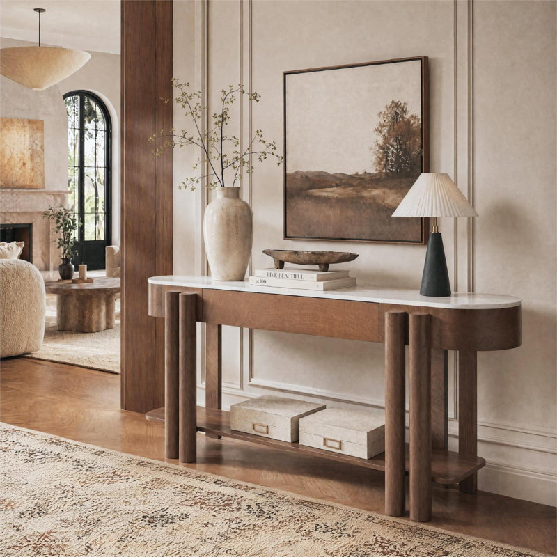 63'' Console Table with Faux Marble Top and Drawer, Brown