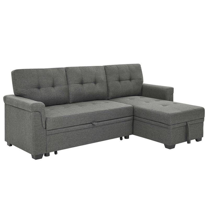 86'' 3 - Seat Pull Out Bed In Gray, Reversible L/R, Jumbo Stitch Detailing And Accent For Relaxing Party Nights Upholstered Featuring Movie Parties