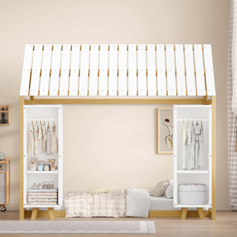 Lit simple en bois avec clôture et toit avec deux armoires mobiles, Naturel