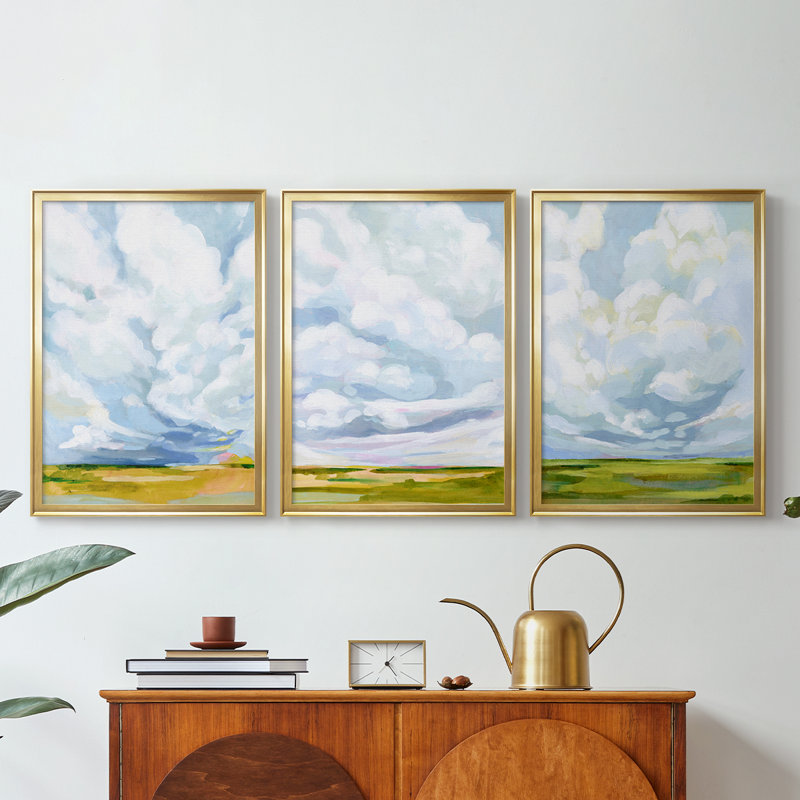Lucid Skies I - Toile tendue avec châssis sur mesure - 3 pièces, H 27 po x l 39 po, Doré