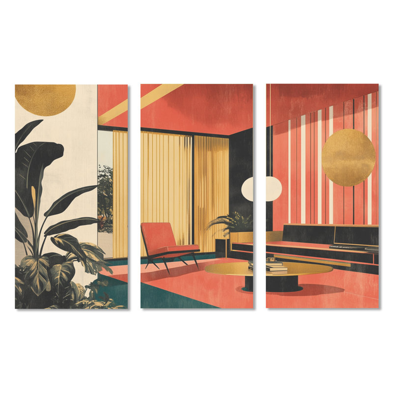«Modern Home in Pop Collage II», ensemble d'art mural encadré intérieur rétro de 3, H 40 po x l 60 po, Toile tendue