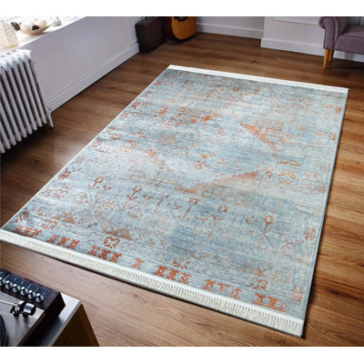 Tapis bleu / gris / rouille en polyester tissé à la machine Sia