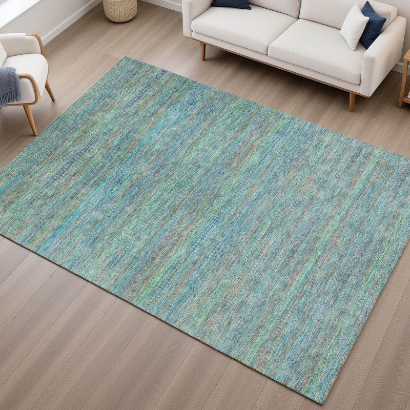 Premium Machine Washable Mayfield AMF2148 Striped Rug, Teal, Rectangle 5' x 7'6"